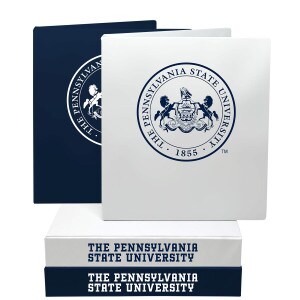 white and navy binders with The Pennsylvania State University Seal on fronts, The Pennsylvania State University on spines